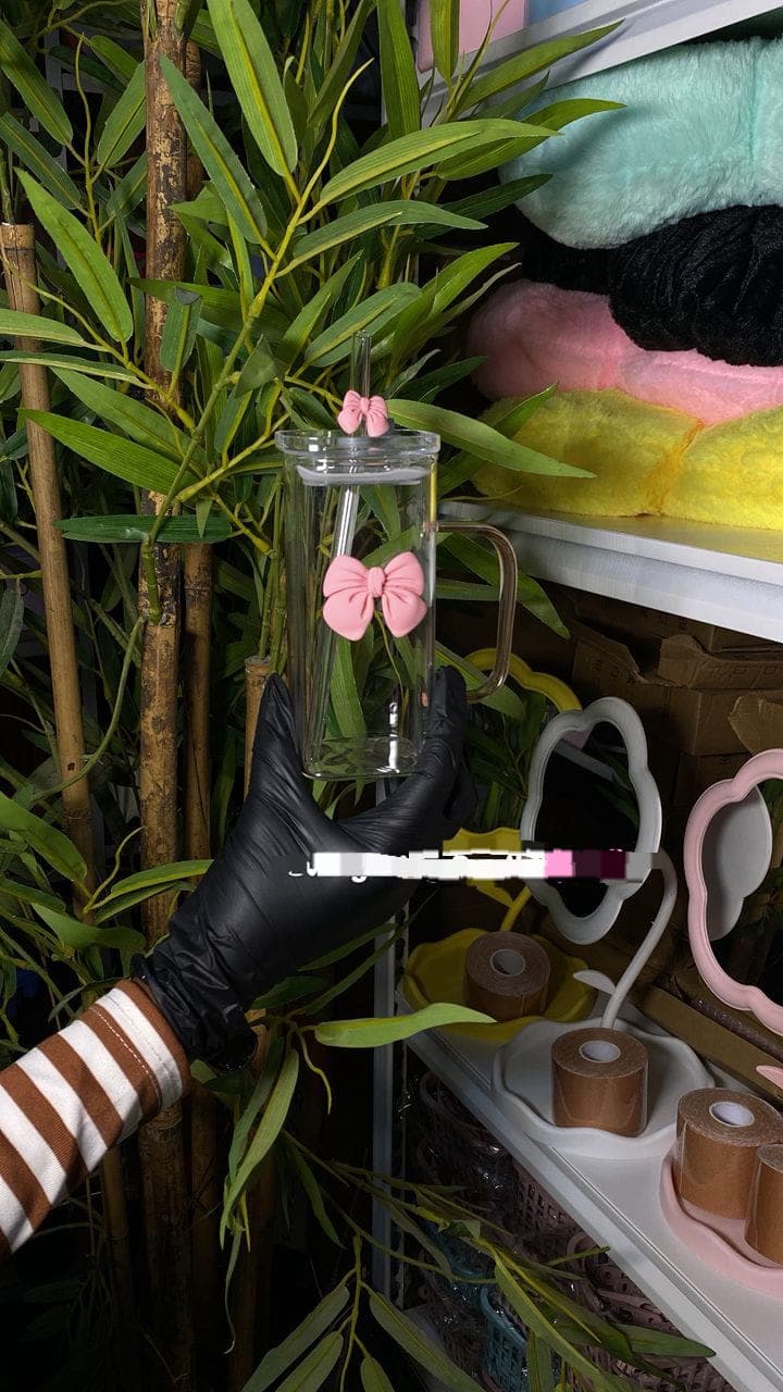 Aesthetic Glass Cup with Handle + Straw (Pink Bow)